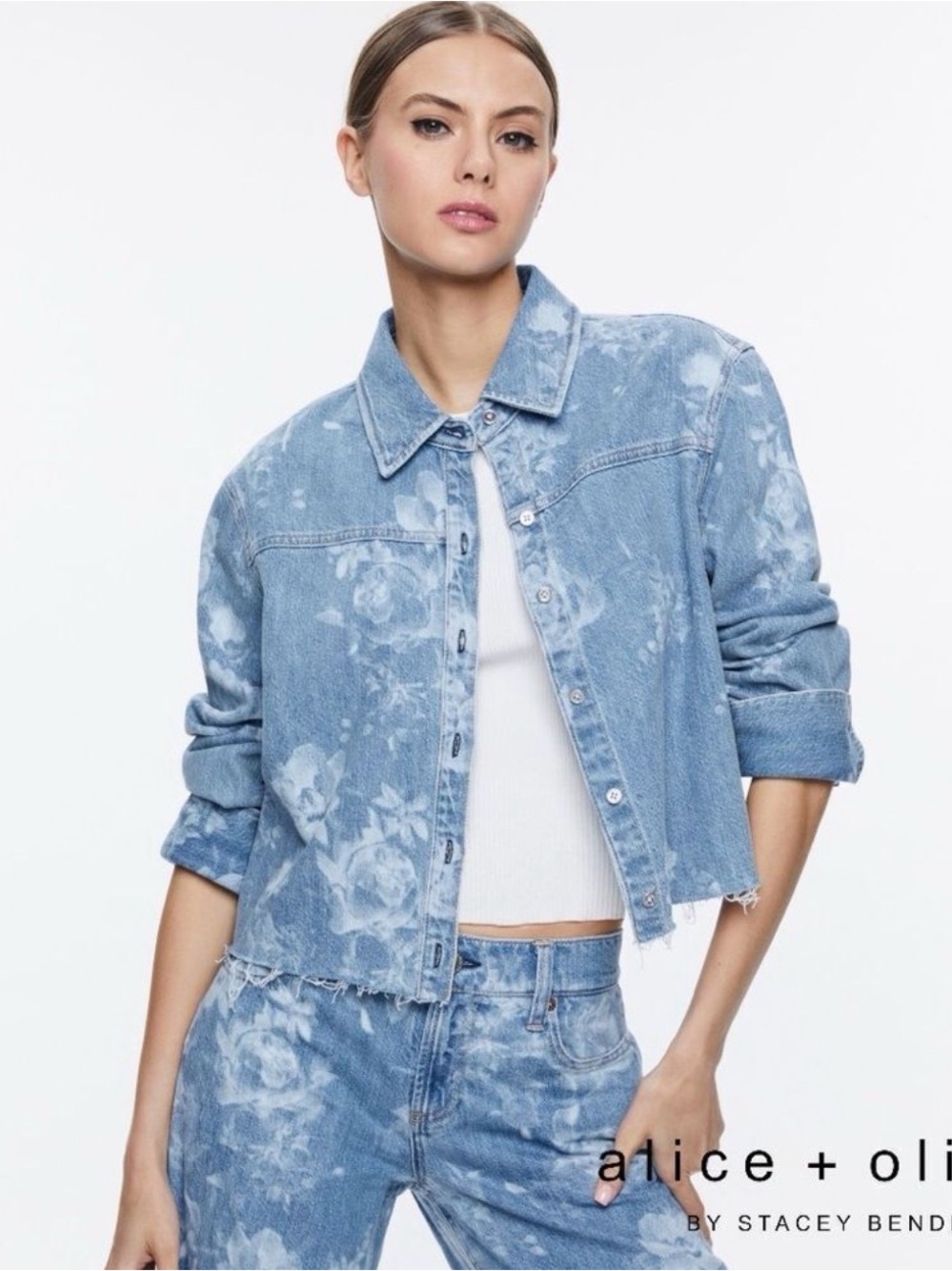 Alice + Olivia Light Blue Floral Acid-Wash Cropped Denim Jacket